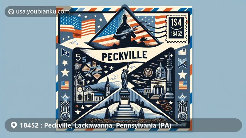 Modern illustration of Peckville, Lackawanna County, Pennsylvania, featuring postal theme with ZIP code 18452, incorporating historical markers and war memorials, American and Pennsylvania state symbols.