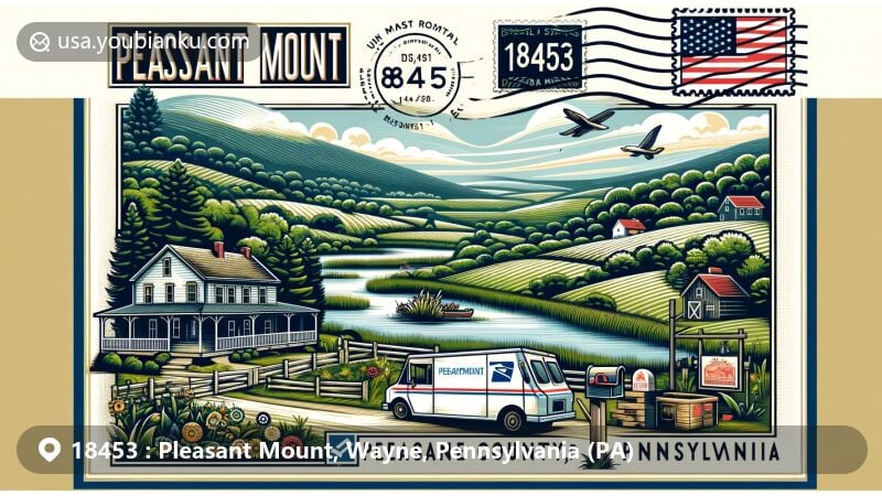 Modern illustration of Pleasant Mount, Wayne County, Pennsylvania, featuring countryside landscape with cottage, green fields, and water body, integrating Wayne County and Pennsylvania symbols.