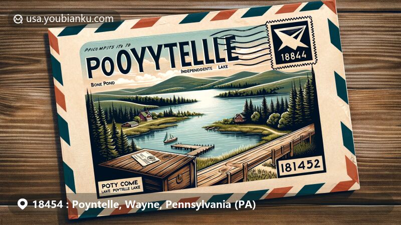 Modern illustration of Poyntelle, Wayne County, Pennsylvania, highlighting the natural beauty of lakes including Bone Pond, Independent Lake, Lake Lorain, and Poyntelle Lake, amidst lush forests. Featuring a vintage postal theme with airmail envelope showcasing ZIP code 18454.