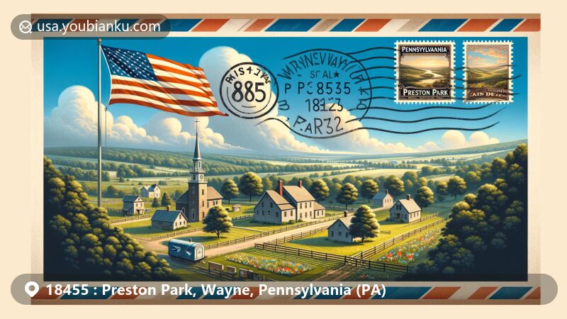 Modern illustration of Preston Park, Wayne County, Pennsylvania, capturing serene countryside landscape with state flag, vintage postal stamp, and ZIP code 18455.