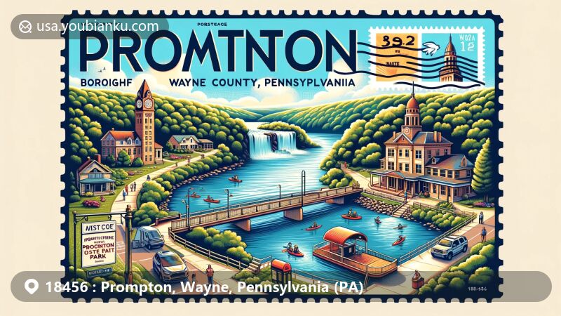 Modern illustration of Prompton, Wayne County, Pennsylvania, highlighting natural beauty and recreational activities at Prompton State Park, incorporating postal elements like a stamp and ZIP code 18456, with landmarks such as West Shore Trail, Cliff Trail, and scenic views of the lake or waterfall.