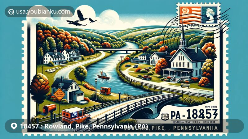 Modern illustration of Rowland, Pike, Pennsylvania, highlighting postal theme with ZIP code 18457, featuring Lackawaxen River, Pennsylvania Route 590, and a historic post office since 1838.