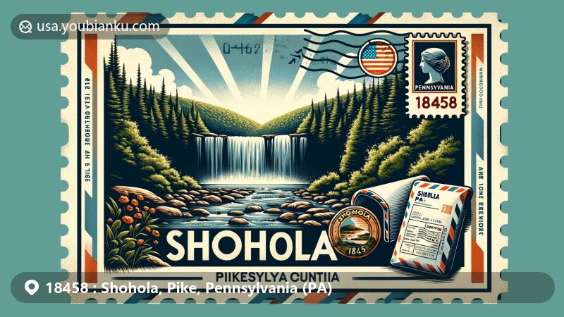 Modern illustration of Shohola Falls, Pike County, Pennsylvania, with ZIP code 18458, featuring airmail envelope, vintage postage stamp, and postmark with Pennsylvania state flag.