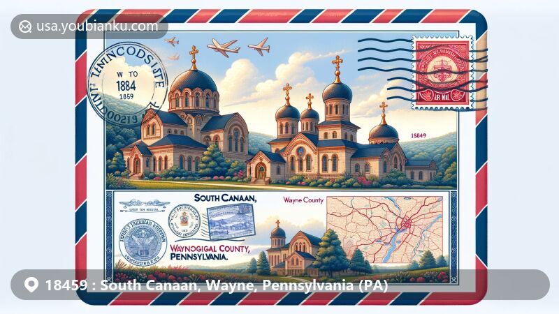 Modern illustration of South Canaan, Wayne County, Pennsylvania, featuring Saint Tikhon's Monastery and Theological Seminary, air mail envelope design with Pennsylvania state flag, vintage stamp, and map of Wayne County.