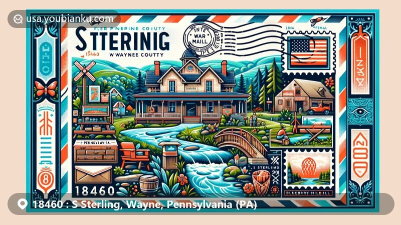 Modern illustration of S Sterling, Wayne County, Pennsylvania, capturing local landmarks and culture with elements of The Dunning House surrounded by natural beauty, Blueberry Hill Furniture Village craftsmanship, and postal theme with ZIP code 18460.