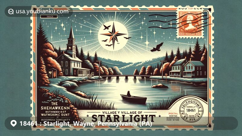 Modern illustration of Starlight, Wayne County, Pennsylvania, showcasing natural beauty with Shehawken Creek and Starlight Lake, incorporating vintage postal themes and ZIP code 18461.