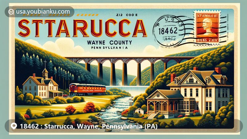 Modern illustration of Starrucca, Wayne County, Pennsylvania, showcasing postal theme with ZIP code 18462, featuring Starrucca Viaduct, Bucks Falls, and Major Elisha Strong House.