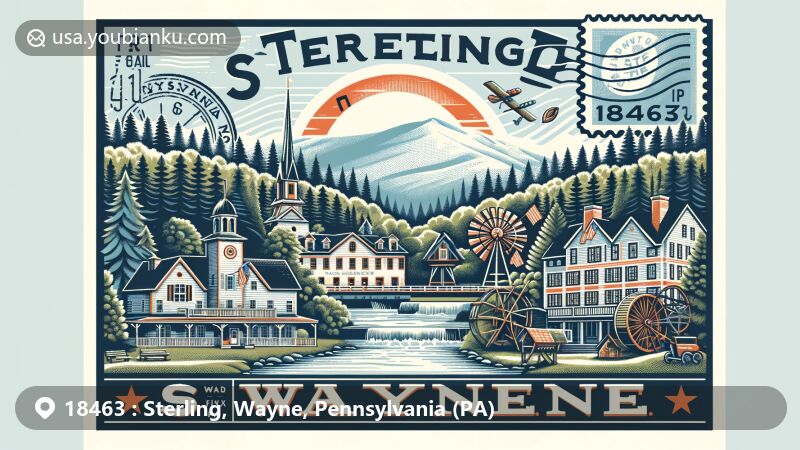 Modern illustration of Sterling, Wayne County, Pennsylvania, showcasing scenic beauty of Pocono Mountains and historical elements like old mill and sawmill, symbolizing early settlement and industrial activities.