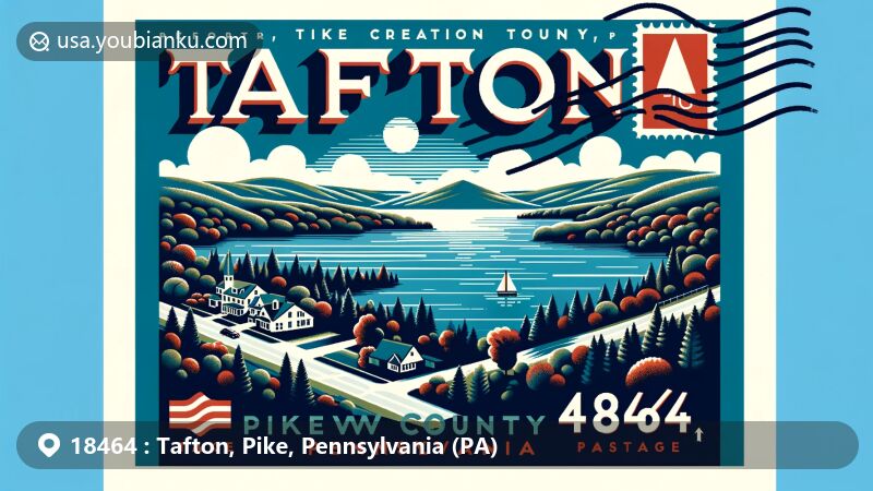 Modern illustration of Tafton, Pike County, Pennsylvania, featuring picturesque Lake Wallenpaupack and Fairview Lake, highlighting the connection to water and nature. Includes Shuman Point Hiking Trail, with subtle outline of Pike County. Resembles a postcard with postal elements and ZIP code 18464.