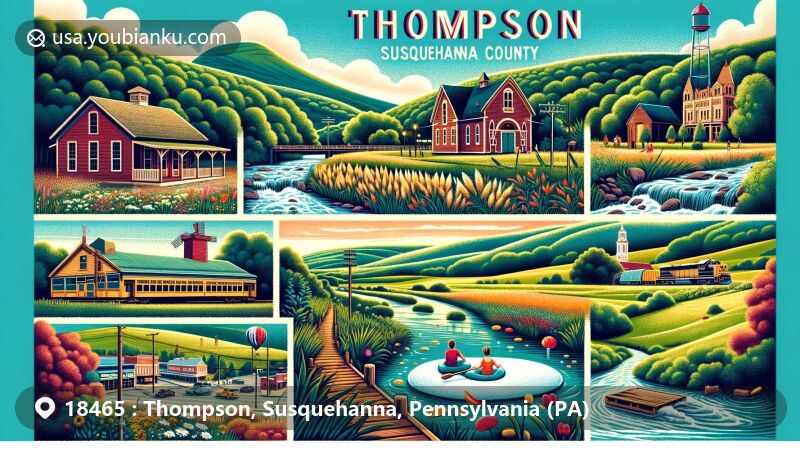 Modern illustration of Thompson, Susquehanna County, Pennsylvania, capturing small-town charm and natural beauty with ZIP code 18465, featuring Florence Shelly Preserve, local landmarks, and outdoor activities.