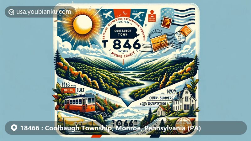 Modern illustration of Coolbaugh Township, Monroe County, Pennsylvania, featuring Tobyhanna State Park and Temperate Continental climate, with vintage airmail envelope, postal stamps, and iconic ZIP code 18466. Background showcases Pocono Mountains, transitioning from summer greenery to snowy peaks. Creative design highlights township's charm and postal heritage.