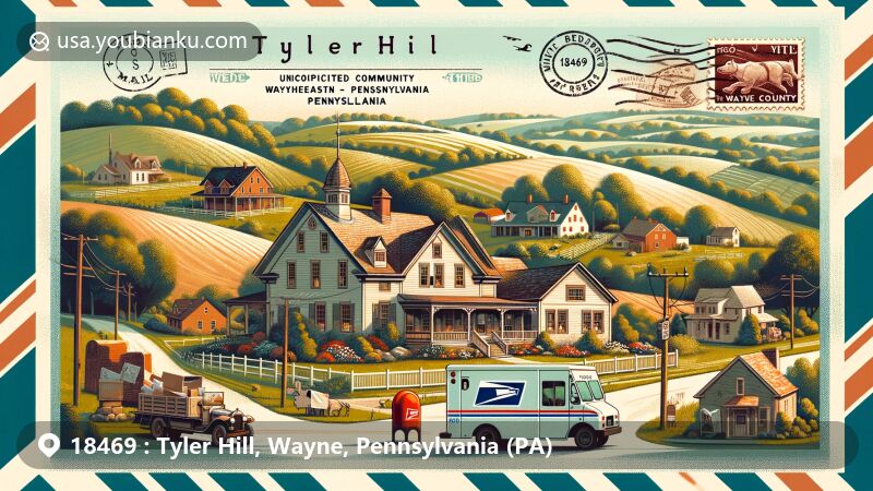 Modern illustration of Tyler Hill, Wayne County, Pennsylvania, capturing its unincorporated community nature, rolling hills, and picturesque agricultural landscape, featuring the iconic Inn at Tyler Hill and vintage postal theme with ZIP code 18469.