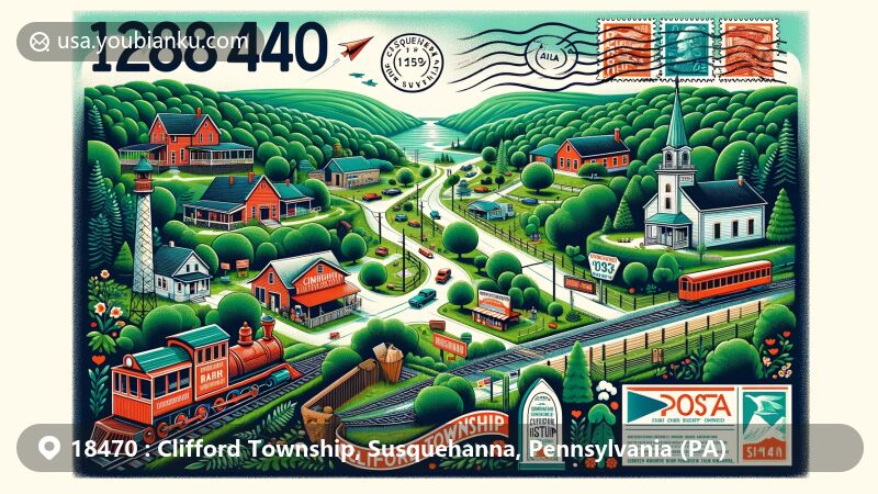 Modern illustration of Clifford Township, Susquehanna County, Pennsylvania, featuring lush landscapes, historical significance, and community events like the Clifford Picnic. Includes postal elements with vintage air mail envelope, stamps, and ZIP code 18470.