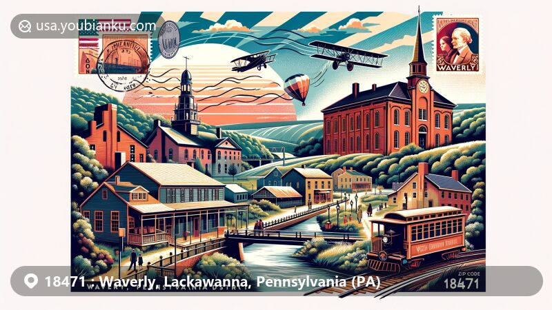 Modern illustration of Waverly, Pennsylvania, showcasing postal theme with ZIP code 18471, featuring Ackerly Creek, Waverly Historic District, and Waverly Community House.