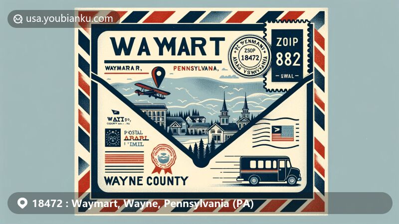 Modern illustration of Waymart, Wayne County, Pennsylvania, featuring a vintage air mail envelope with subtle depictions of Wayne County landmarks, Pennsylvania state flag, and postal symbols. The design showcases ZIP code 18472.