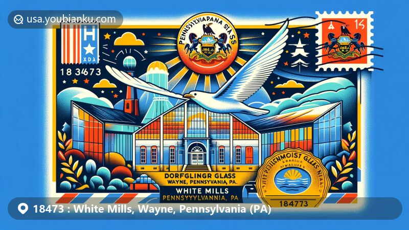 Modern illustration of the Dorflinger Glass Museum in White Mills, Pennsylvania, with state coat of arms and airmail envelope and stamp showcasing ZIP code 18473 and White Mills, Wayne, Pennsylvania. Simulated postmark adds a touch of postal charm.