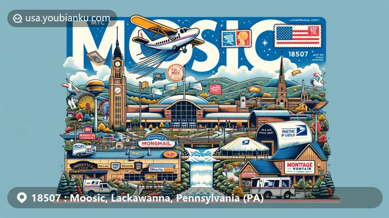 Modern illustration of Moosic, Pennsylvania, highlighting ZIP code 18507, featuring PNC Field, Montage Mountain Ski and Waterpark, and The Shoppes at Montage, symbolizing recreational activities and postal elements.
