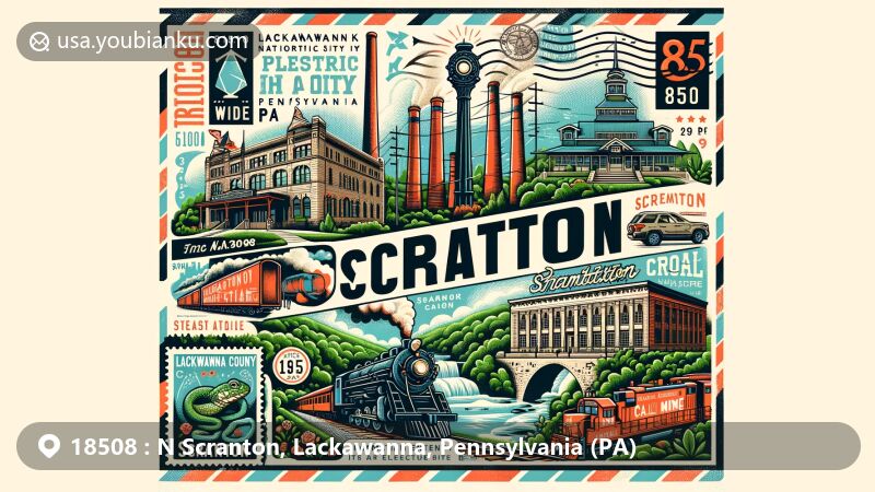 Modern illustration of Scranton, Pennsylvania, highlighting postal theme for ZIP code 18508, featuring iconic Electric City sign, Steamtown National Historic Site, Lackawanna County Coal Mine, and Electric City Aquarium and Reptile Den.