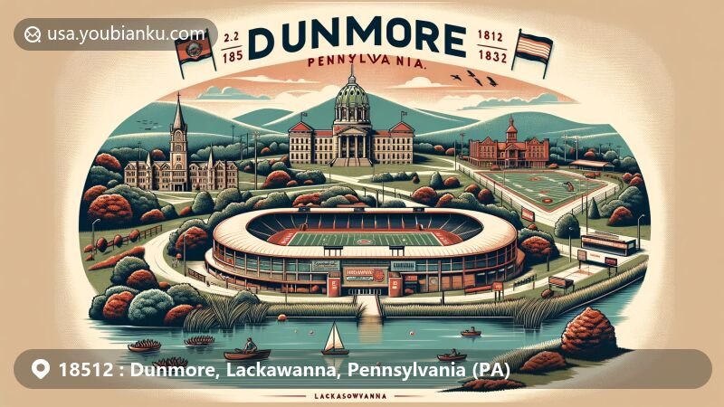 Modern illustration of Dunmore, Pennsylvania, showcasing Schautz Stadium and Dunmore Number 1 Reservoir Trail, with Lackawanna County Courthouse in the background, featuring vintage postcard design with ZIP code 18512 and Pennsylvania state symbols.