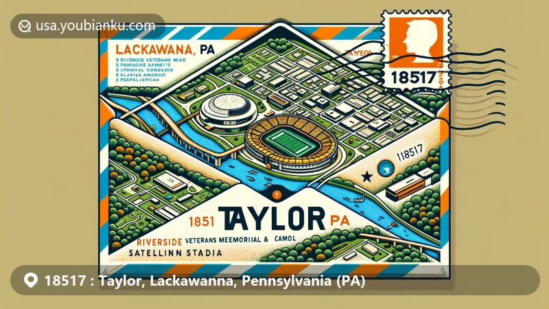 Modern aerial envelope illustration of Taylor, Pennsylvania, ZIP code 18517, featuring Riverside Veterans Memorial Stadium and Lackawanna River, nodding to silk manufacturing and coal mining history.