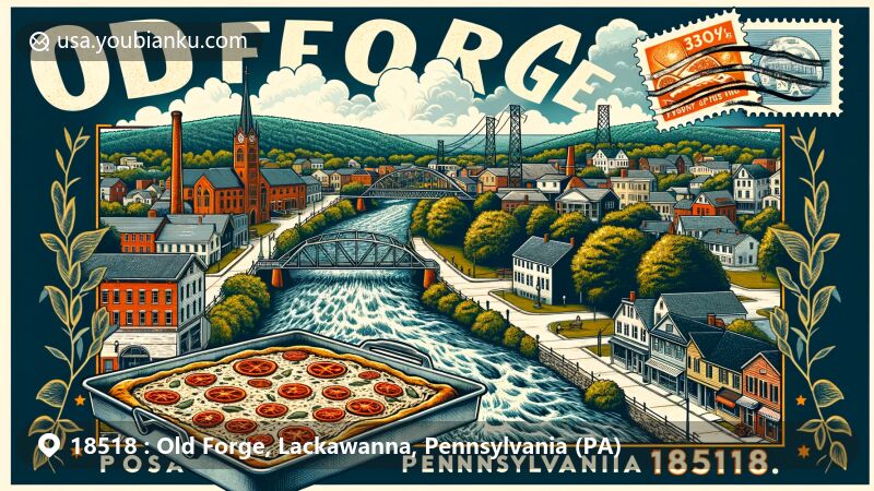 Modern illustration of Old Forge, Pennsylvania, highlighting the picturesque Lackawanna River, aerial view of the town, traditional Old Forge-style pizza, vintage postcard border with local symbols, and ZIP code 18518 and abbreviation PA.