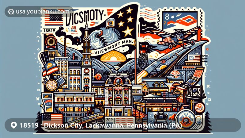 Modern illustration of Dickson City, Pennsylvania, showcasing postal theme with ZIP code 18519, featuring Viewmont Mall and elements representing coal mining history.