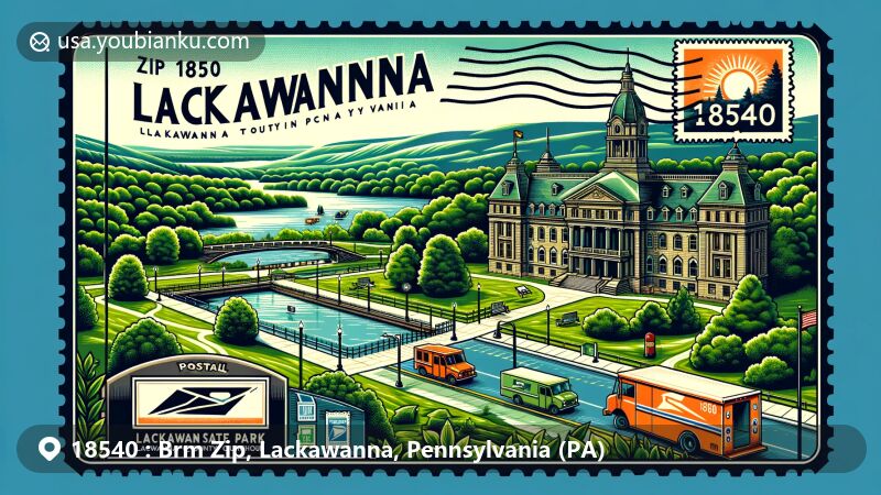 Vintage-style illustration of Brm Zip in Lackawanna County, Pennsylvania, showcasing natural beauty of Lackawanna State Park with lush greenery, trails, and Lackawanna Lake, including Lackawanna County Courthouse and postal elements like stamps, postal truck, and mailbox.