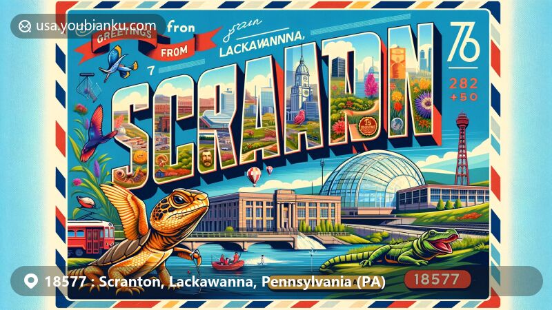 Modern illustration of Scranton, Lackawanna, Pennsylvania, representing ZIP code 18577, featuring Electric City Aquarium, McDade Park, and Steamtown National Historic Site, capturing the city's railroad history and outdoor activities.