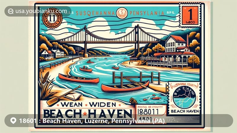 Modern illustration of Beach Haven area in Pennsylvania, featuring landmarks along Susquehanna River and U.S. Route 11 with vintage postal theme, including ZIP code 18601.