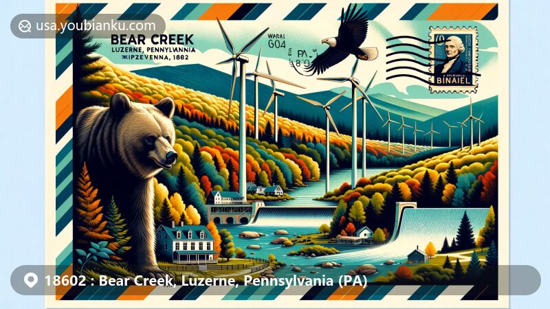 Modern illustration of Bear Creek, Luzerne County, Pennsylvania, showcasing postal theme with ZIP code 18602, featuring Bear Creek Preserve, black bears, bald eagles, autumn landscapes, Bear Creek Village's Lewis Mansion, Bear Creek Wind Power Project, Francis E. Walter Dam in a harmonious blend of technology and nature.