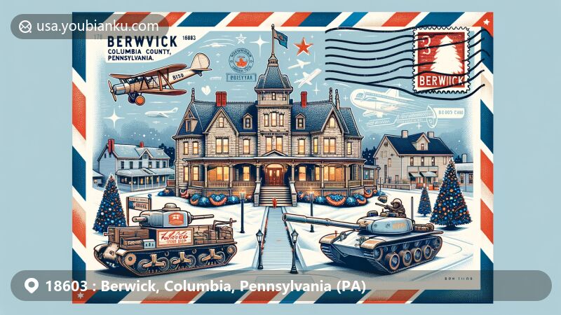 Modern illustration of Berwick, Columbia County, Pennsylvania, showcasing Jackson Mansion and Carriage House with industrial and festive elements, framed in an aviation-themed envelope, featuring Pennsylvania state flag stamp.