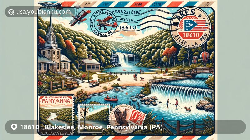 Modern illustration of Austin T. Blakeslee Natural Area in Blakeslee, PA, showcasing postal theme with ZIP code 18610, featuring hiking trails, waterfall, Tobyhanna Creek for fishing. Vintage postal elements like air mail envelope border, PA state flag stamp, 'Blakeslee, PA 18610' postmark.