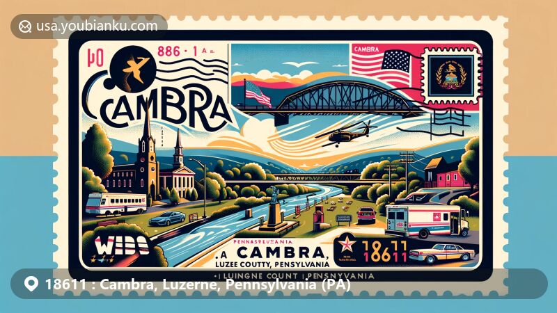 Modern illustration of Cambra area, Luzerne County, Pennsylvania with ZIP code 18611, showcasing local pride and heritage with Market Street Bridge, Vietnam Veterans Memorial, and postal elements.