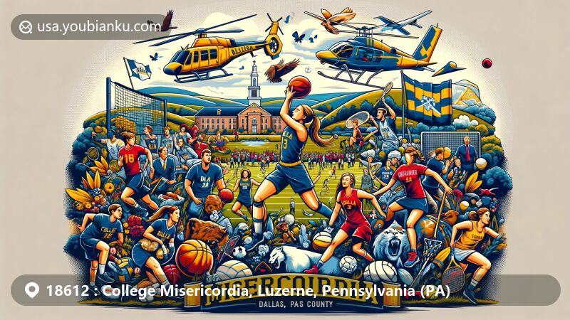 Modern illustration of College Misericordia, Luzerne, Pennsylvania, capturing the spirit of Misericordia University's athletics with basketball, soccer, field hockey, and more. Reflects diversity, service, and academic excellence.