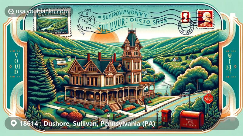 Modern illustration of Dushore, PA, with postal theme and Endless Mountains, inspired by Twin Spruce Tourist Home, featuring Victorian architecture and vintage postal elements.