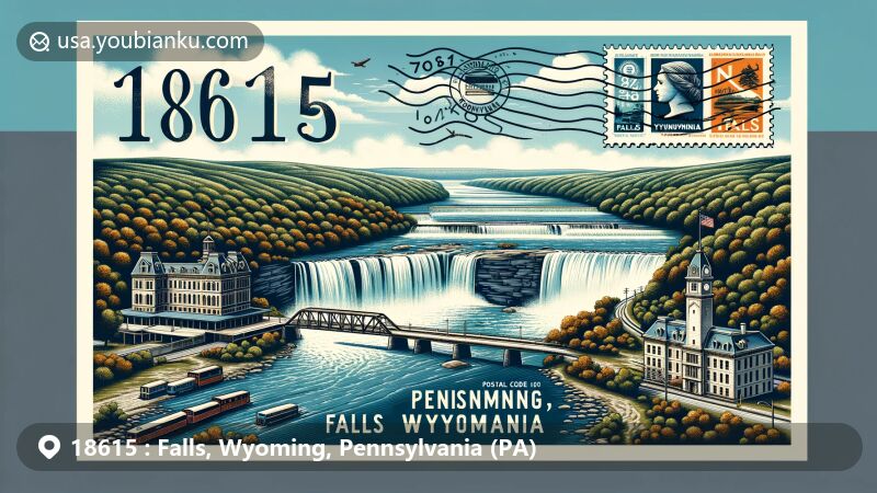 Modern illustration of Falls, Wyoming, Pennsylvania, featuring Susquehanna River, Buttermilk Falls, postal theme with ZIP code 18615, vintage railroad station, and Pennsylvania's lush greenery.