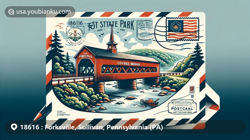 Modern illustration of Forksville Covered Bridge in Worlds End State Park, featuring a stylized airmail envelope postcard with '18616 Forksville, PA,' Pennsylvania state flag emblem, postmark, and decorative stamp.