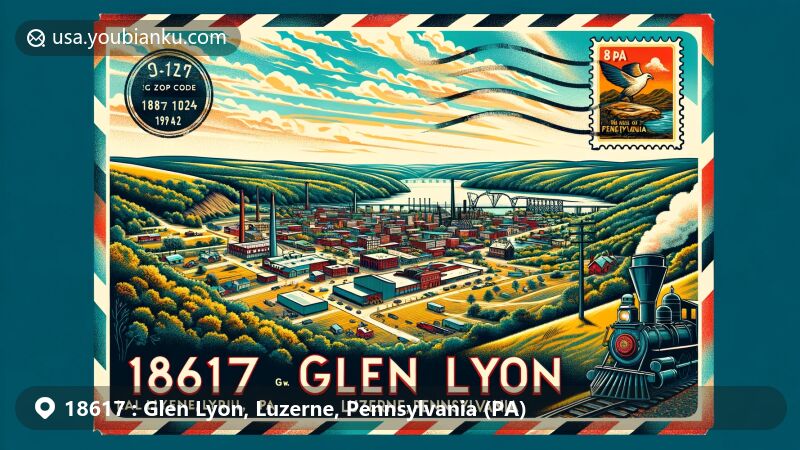 Modern illustration of Glen Lyon, Luzerne County, Pennsylvania, featuring ZIP code 18617 and vintage postcard design, showcasing town's landscape, landmarks, and mining heritage.