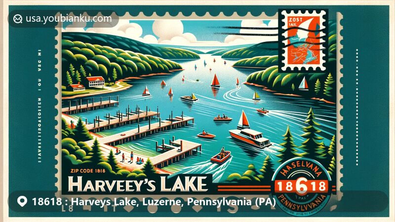 Modern illustration of Harveys Lake, Pennsylvania, featuring state's largest natural lake by volume, showcasing activities like swimming, fishing, water skiing, and motor boating with a postal theme and vintage postcard border.