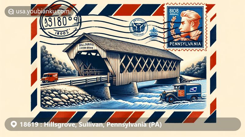 Modern illustration of Hillsgrove, Pennsylvania, blending regional charm with postal elements on an airmail envelope, featuring the historic Burr arch truss Bridge and Pennsylvania state flag.