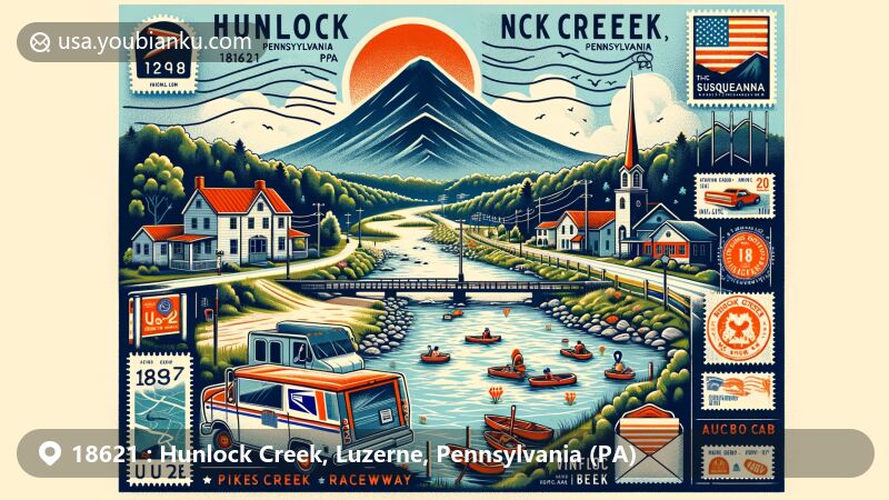 Modern illustration of Hunlock Creek, Pennsylvania, highlighting postal elements with '18621' ZIP code, Susquehanna River, Shickshinny Mountain, and Pikes Creek Raceway Park.