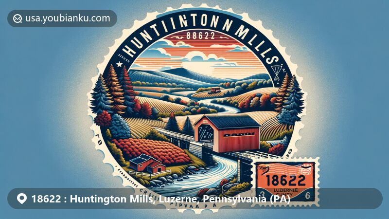Modern illustration of Huntington Mills, Luzerne County, Pennsylvania, featuring ZIP code 18622, air mail design, Bittenbender Covered Bridge, Huntington Mountain, Christmas tree farms, and Pennsylvania state flag.