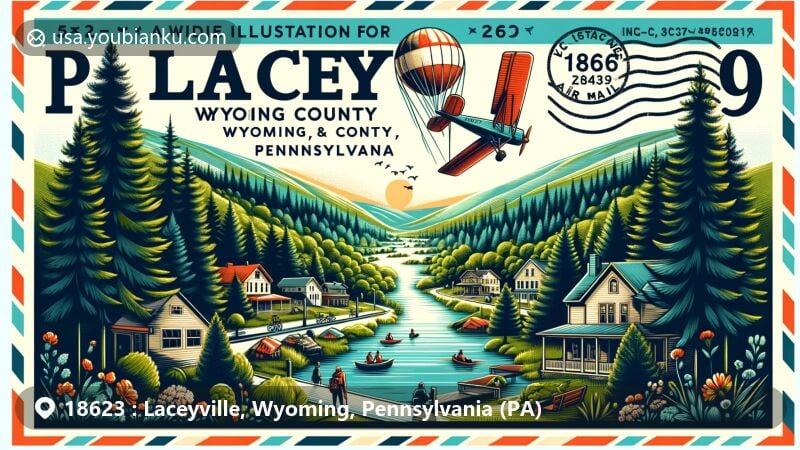 Modern illustration of Laceyville, Wyoming County, Pennsylvania, highlighting postal theme with ZIP code 18623, featuring small-town charm surrounded by lush green forests.