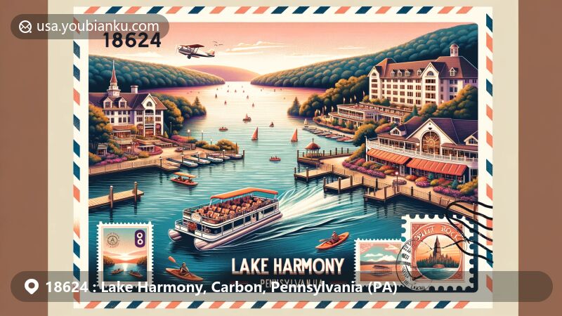 Modern illustration of Lake Harmony, Pennsylvania, showcasing pontoon boat tours, lakeside dining at Lake View Tavern, and Split Rock Resort in the Pocono Mountains, airmail border with vintage Pennsylvania stamps and ZIP code 18624, featuring water sports and sunset ambiance.