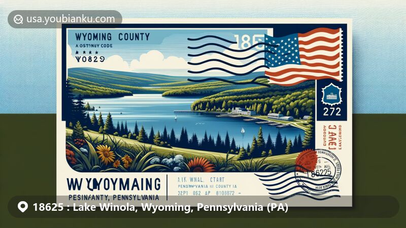Modern illustration of Lake Winola, Wyoming County, Pennsylvania, highlighting scenic beauty with glacial lake surrounded by lush greenery, featuring creative postcard design with ZIP code 18625 and Pennsylvania state flag.