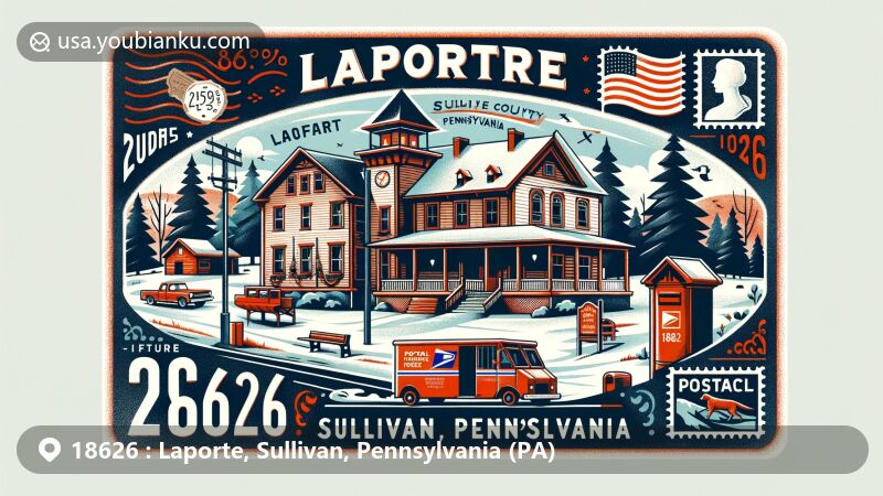 Modern illustration of Laporte, Sullivan, Pennsylvania, showcasing postal theme with ZIP code 18626, featuring scenic winter landscape and historic Baldwin House.