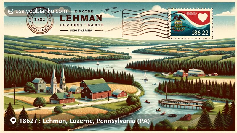 Modern illustration of Lehman area in Luzerne County, Pennsylvania, embracing the natural beauty of lush forests, farmland, and water bodies like Lake Silkworth and Pikes Creek Reservoir, featuring Penn State Wilkes-Barre campus at Hayfield Farms with vintage postal theme and ZIP code 18627.