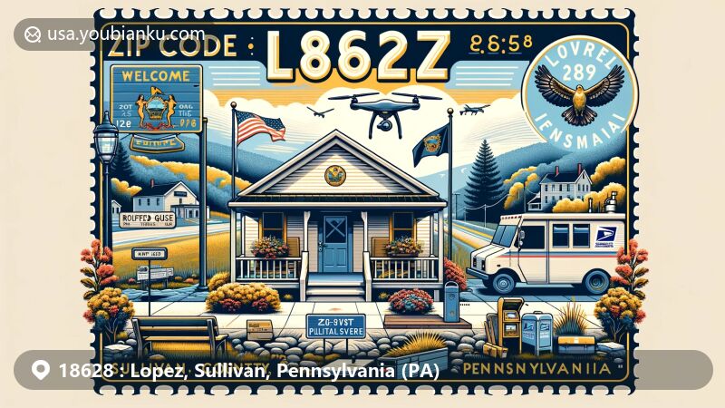 Modern illustration of Lopez, Sullivan County, Pennsylvania, highlighting postal theme with ZIP code 18628, featuring state symbols Ruffed Grouse, Mountain Laurel, White-Tailed Deer, and state flag colors.