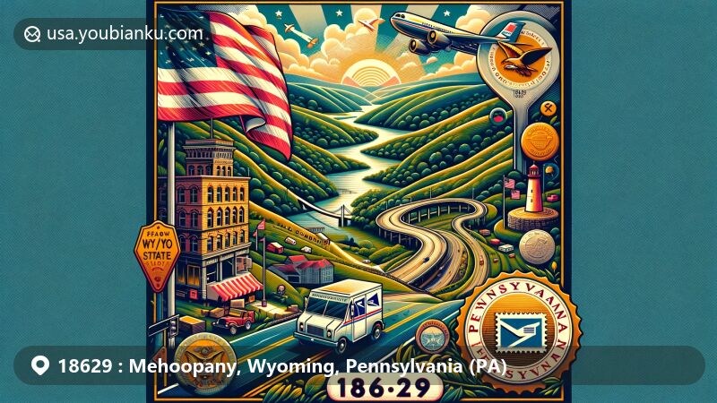 Illustration of Mehoopany, Wyoming County, Pennsylvania, depicting local charm and postal themes, featuring lush landscapes and iconic postal elements.