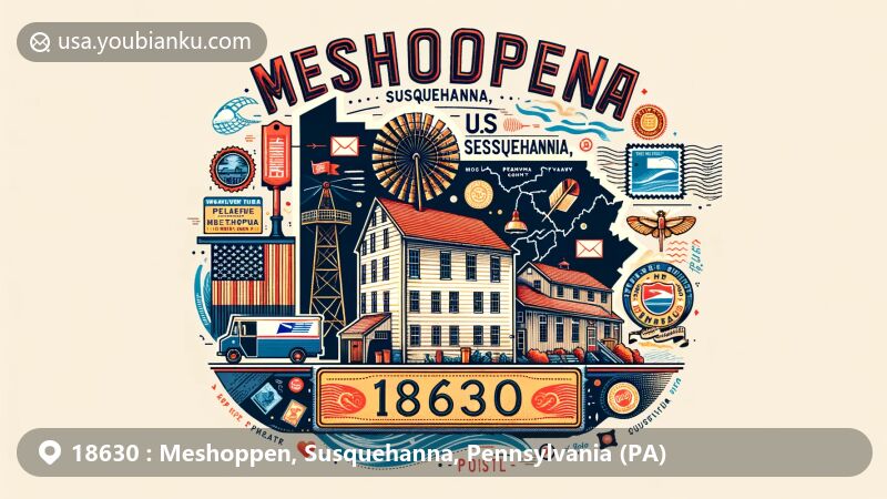 Modern illustration of Meshoppen, Susquehanna, Pennsylvania, highlighting ZIP code 18630, featuring the Old White Mill and Wyoming County outline, with postal-themed elements and Pennsylvania state symbols.